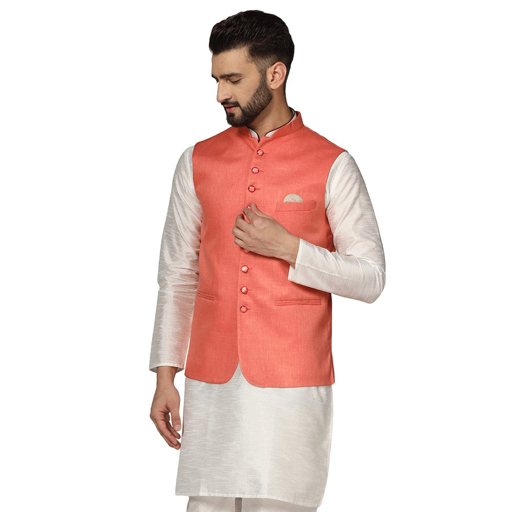 Men Solid Peach Nehru Jacket