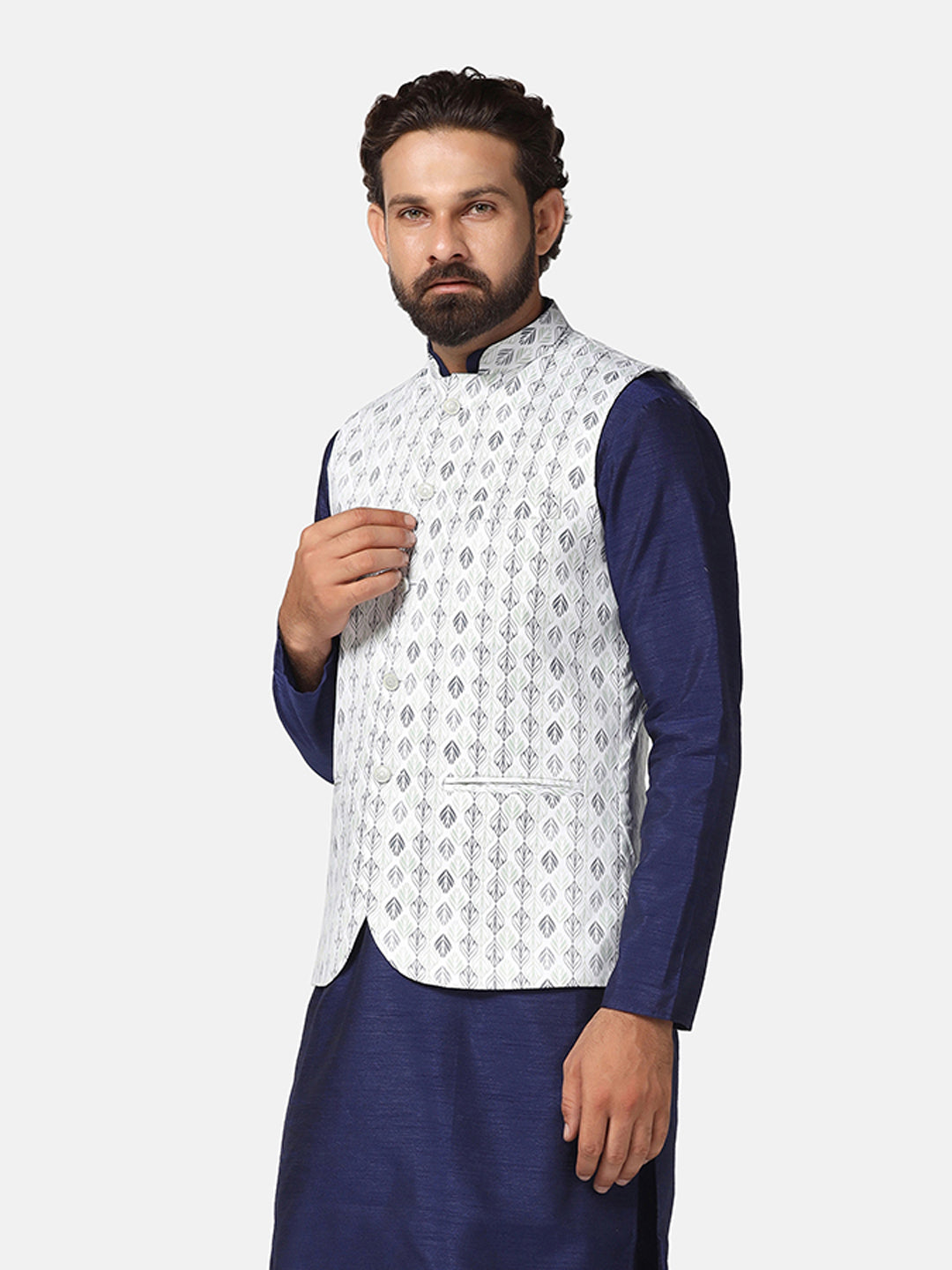 Men Green Cotton Printed Nehru Jacket