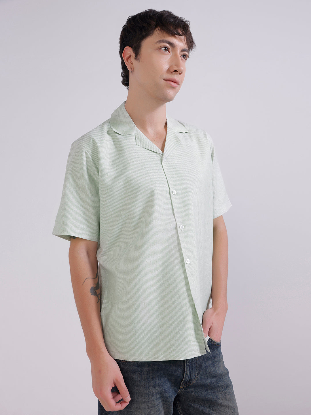 Men green stripes casual shirt