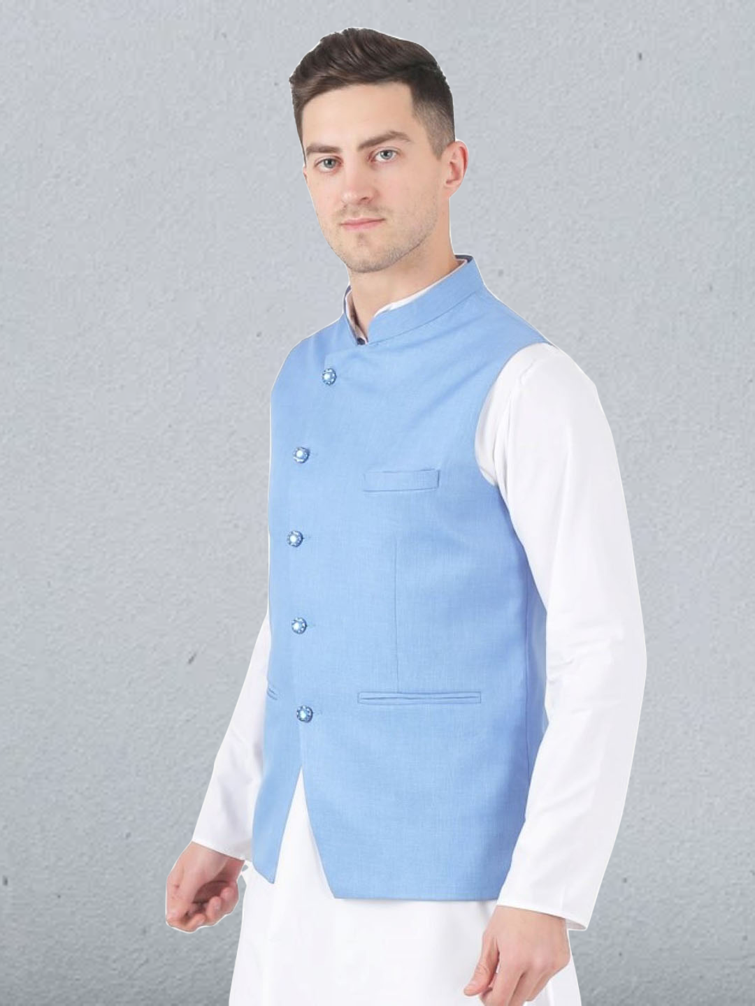 Men Blue Solid Nehru Jacket - Tahvo India