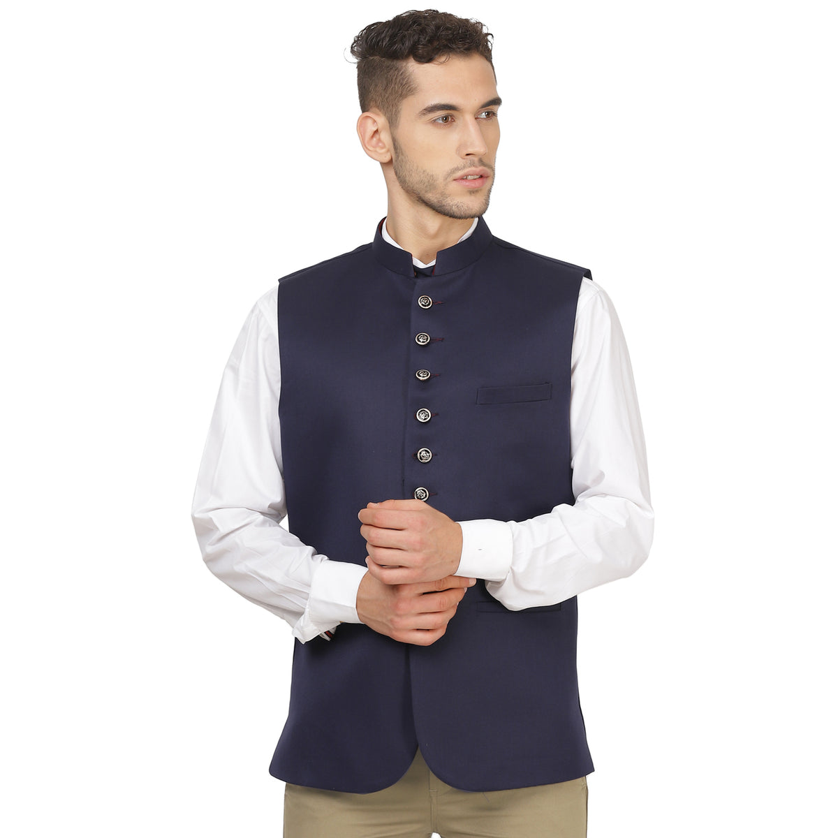Men Blue Solid Nehru Jacket
