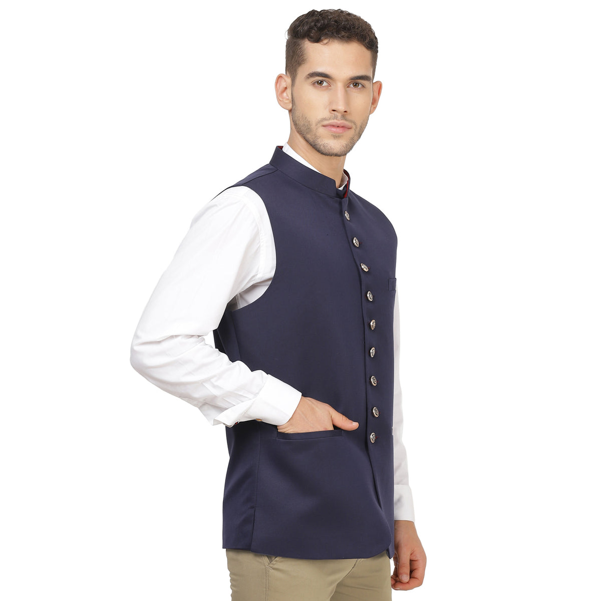 Men Blue Solid Nehru Jacket