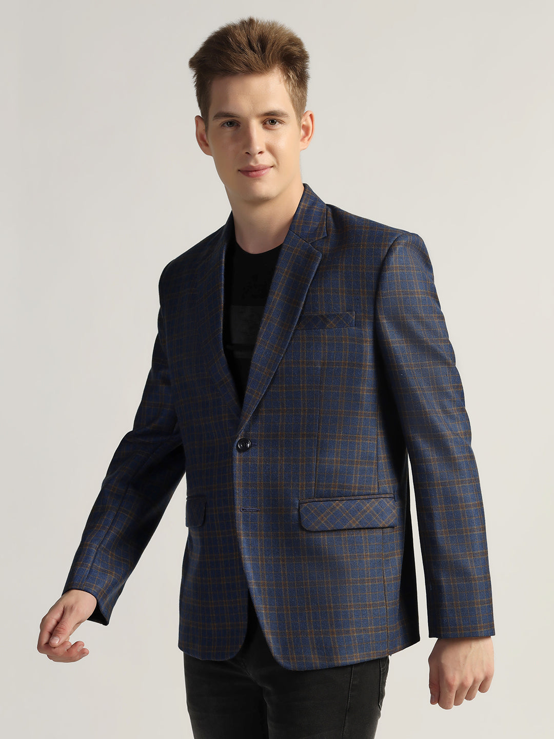 Men's Royal Blue Checked Tweed Blazer - Tahvo India