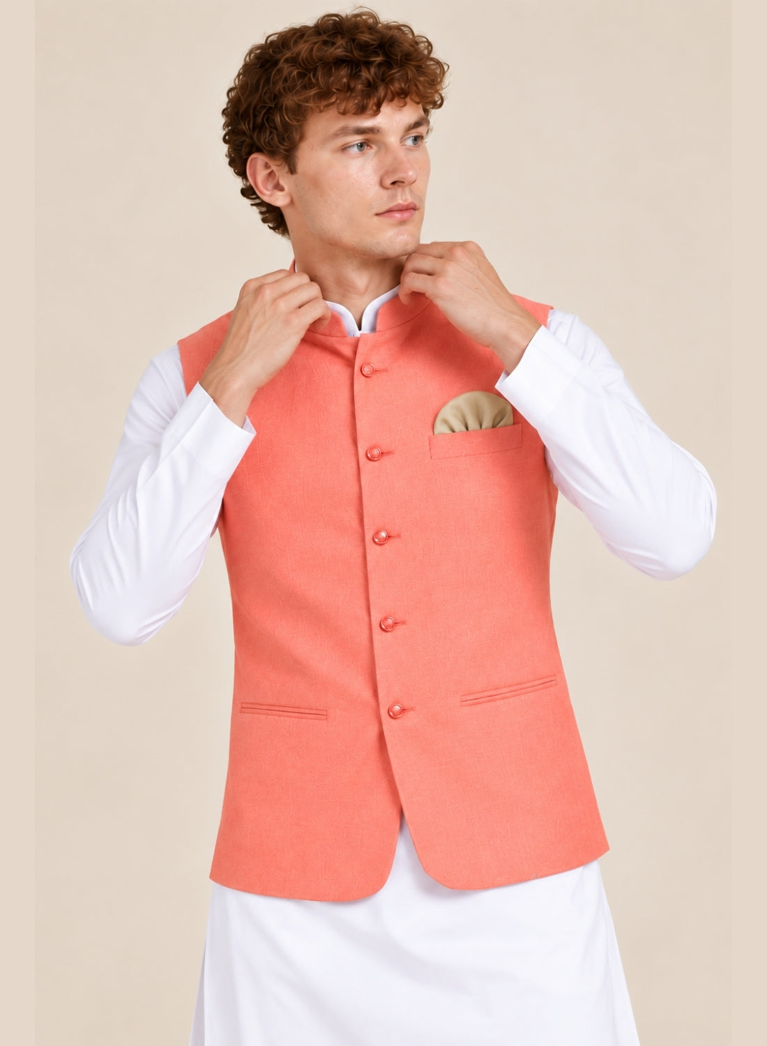 Men Peach 5 Button Nehru Jacket