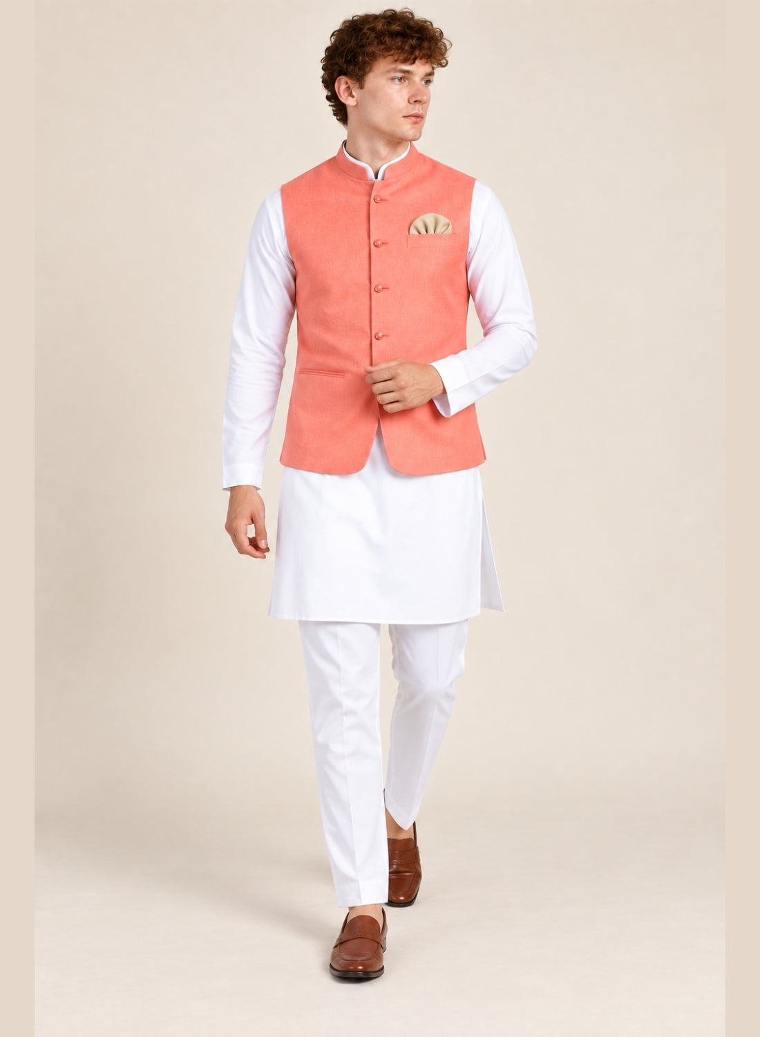 Men Peach 5 Button Nehru Jacket