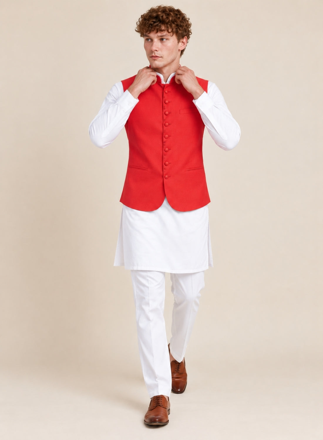 Men Red 9 Button Nehru Jacket