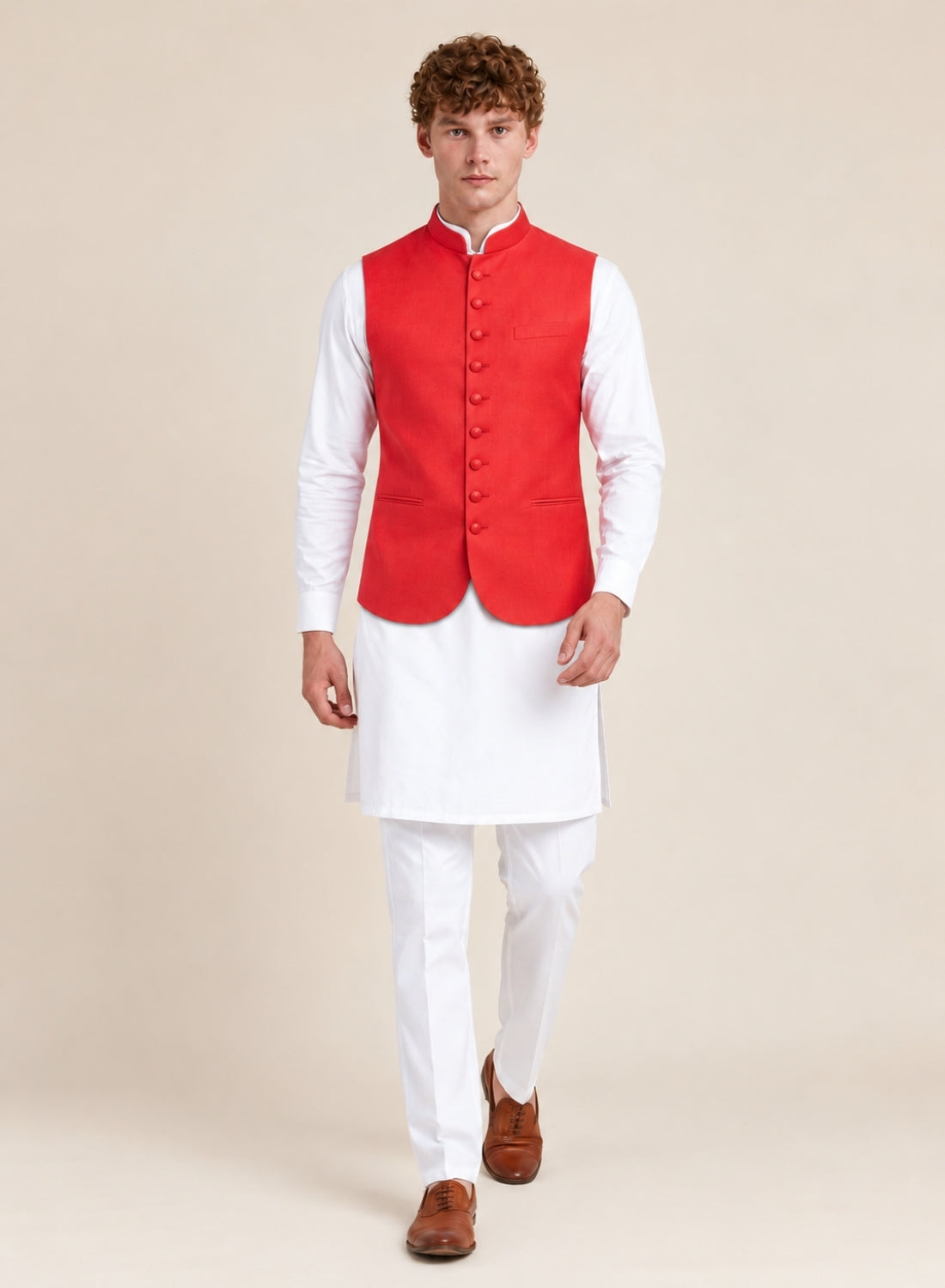 Men Red 9 Button Nehru Jacket