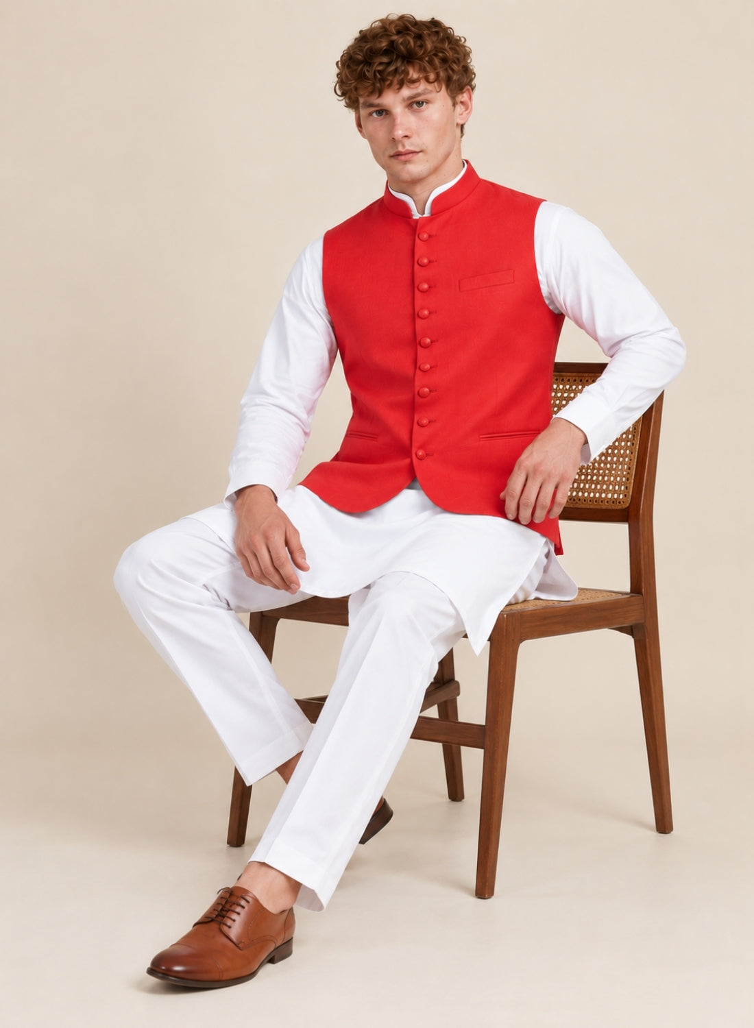 Men Red 9 Button Nehru Jacket