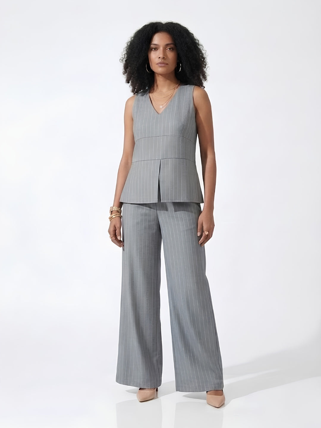 Grey Stripes Peplum Top With Trousers Co-Ords