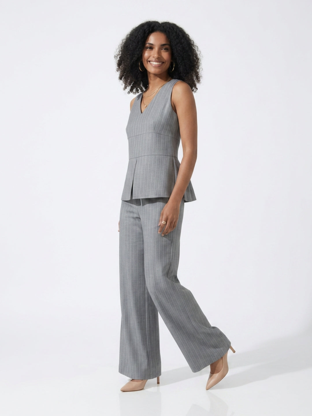 Grey Stripes Peplum Top With Trousers Co-Ords