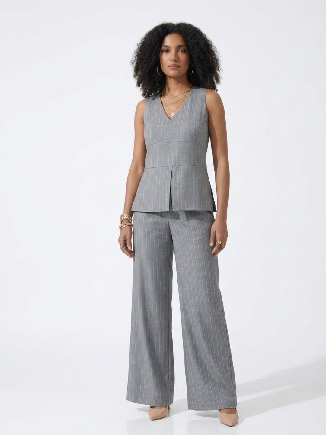 Grey Stripes Peplum Top With Trousers Co-Ords