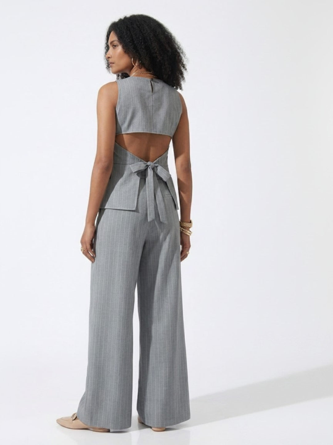 Grey Stripes Peplum Top With Trousers Co-Ords