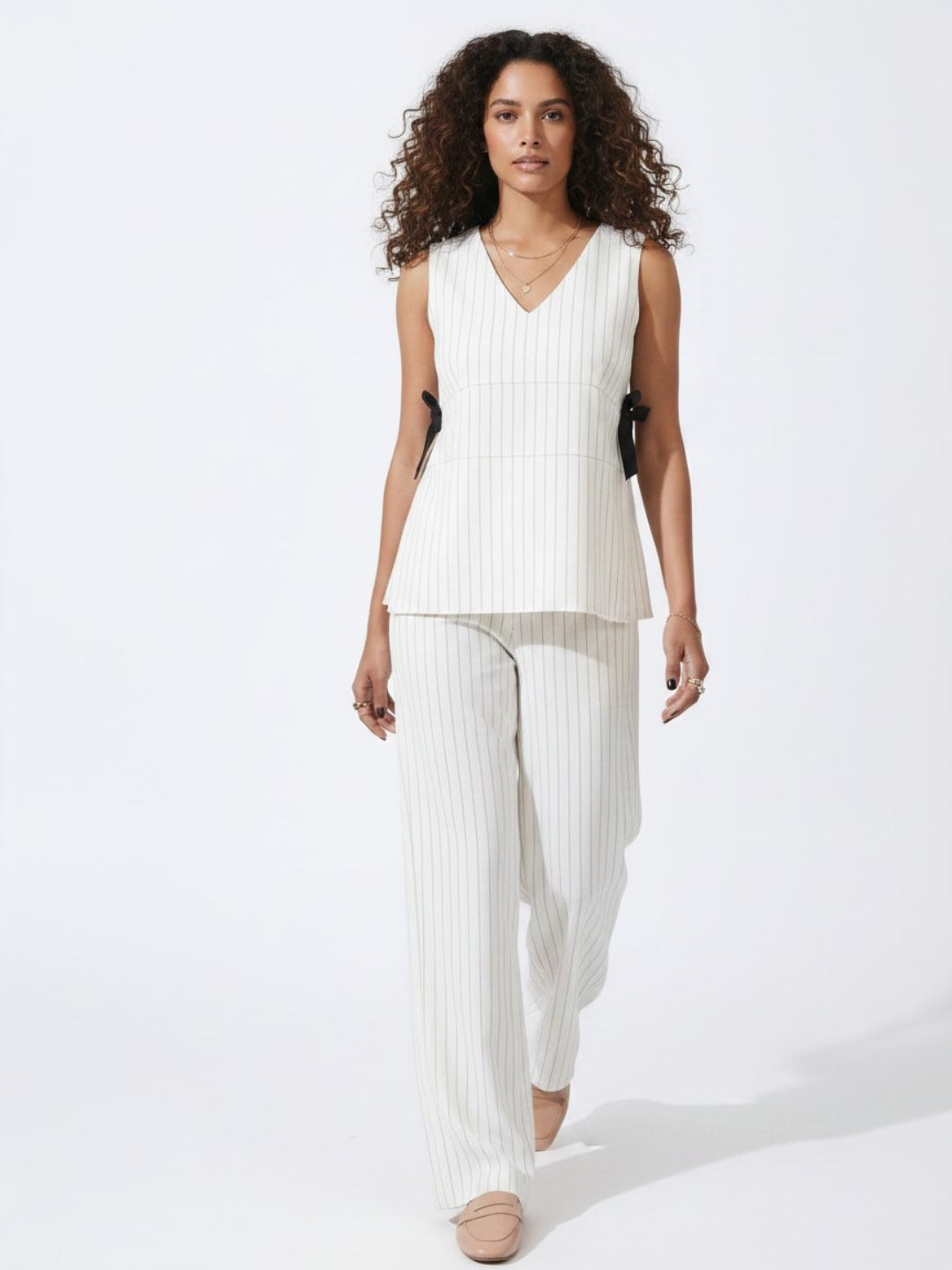 Black & White Stripes Peplum Top With Trousers Co-Ords