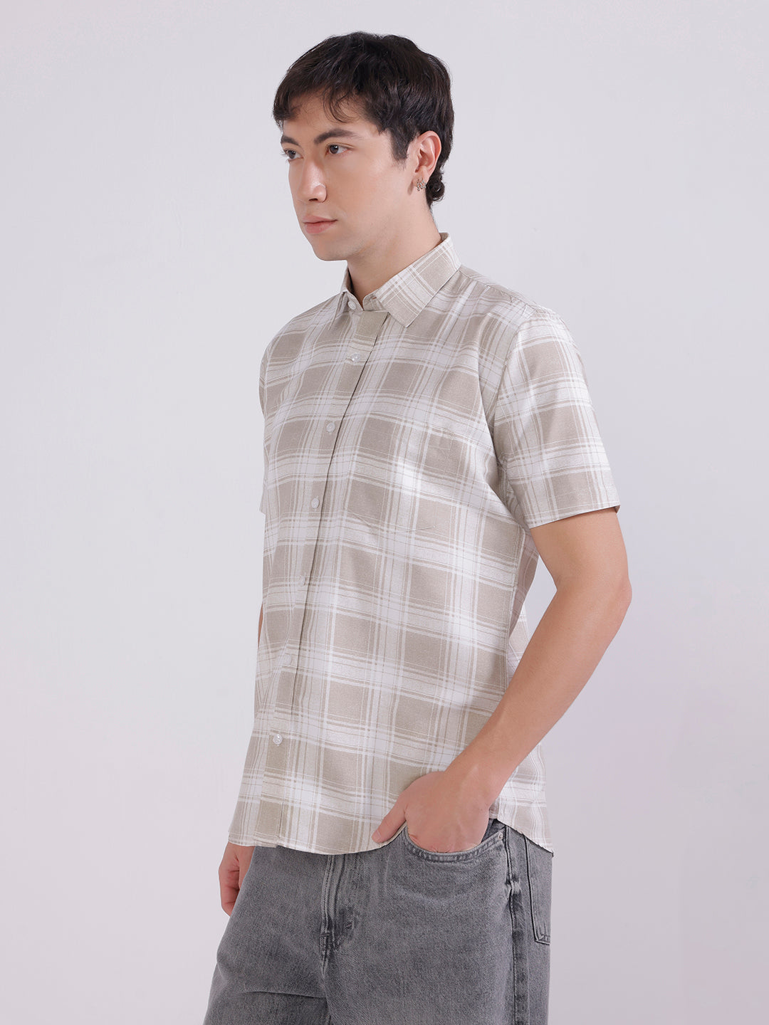 Men light brown check casual shirt