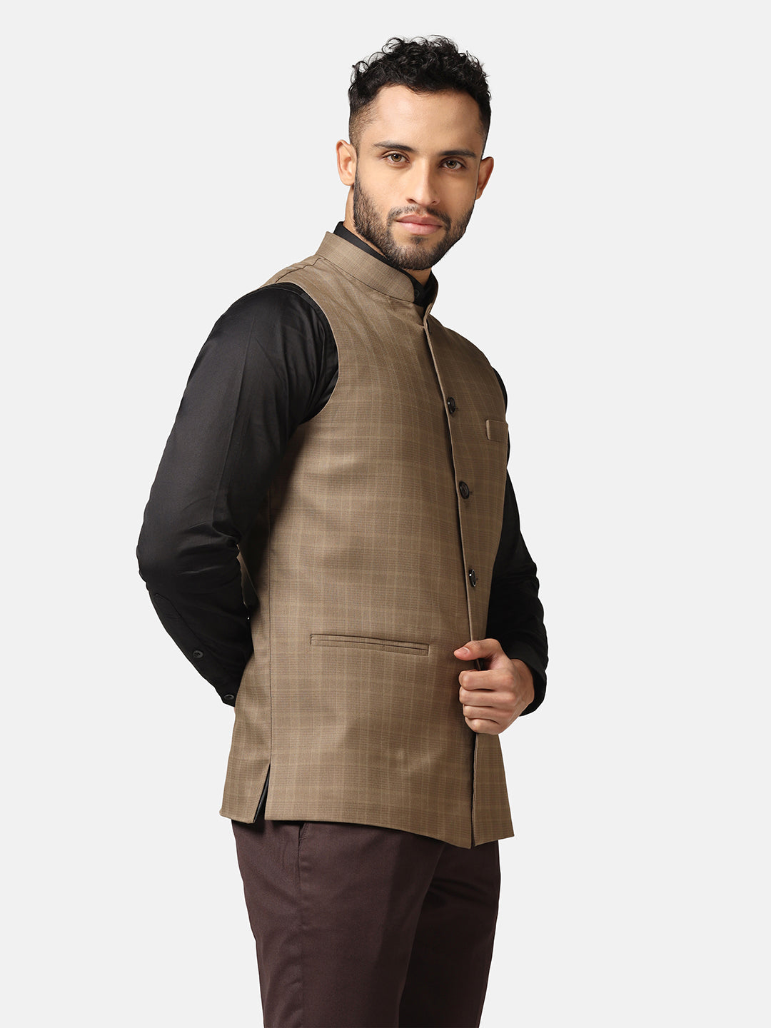 Men Brown Check Nehru Jacket