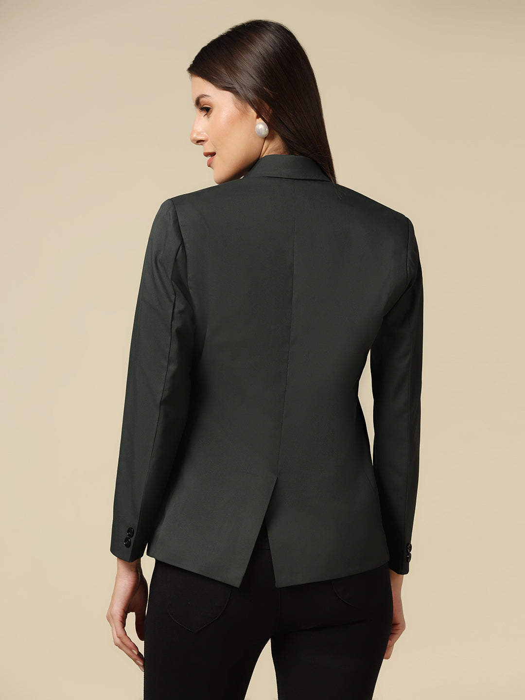 Women Dark Green Single Breasted Blazer