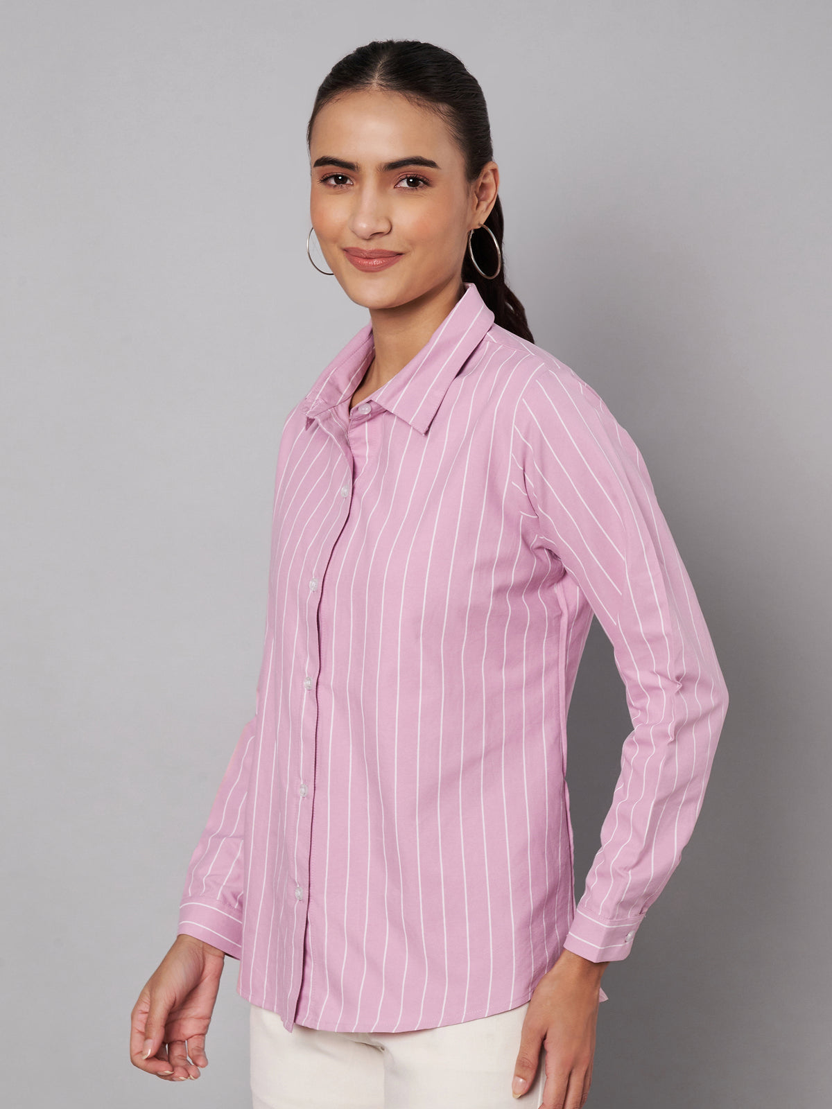 Women Pink Cotton Striped Shirt