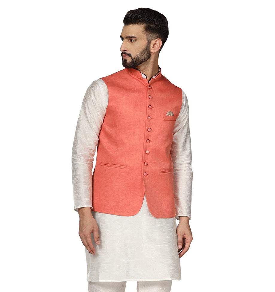 Men Solid Peach Nehru Jacket
