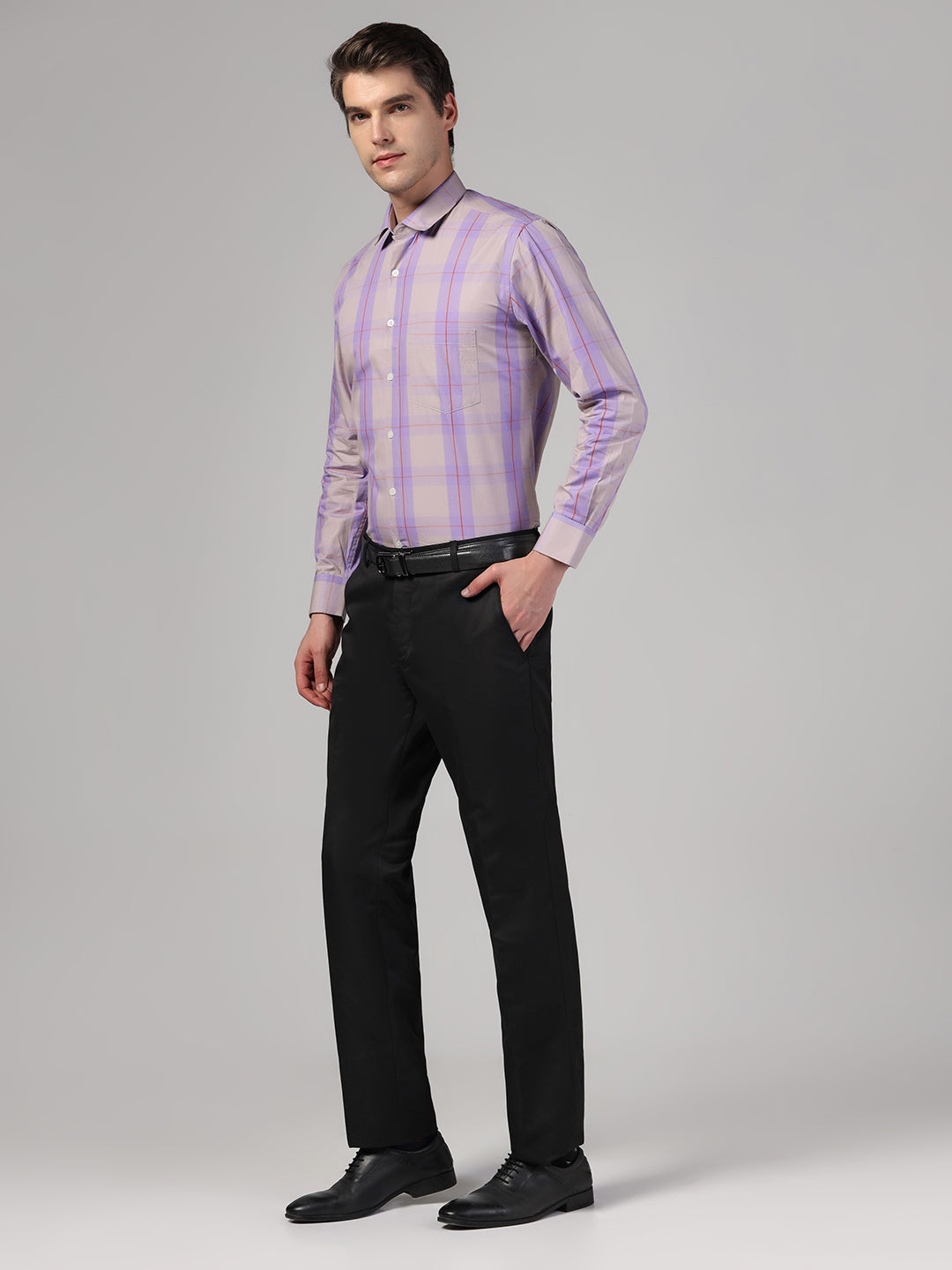 Men Purple Check Shirt & Trousers Set