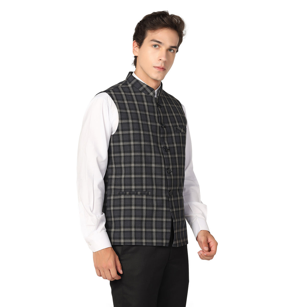 Men Black Check Nehru Jacket