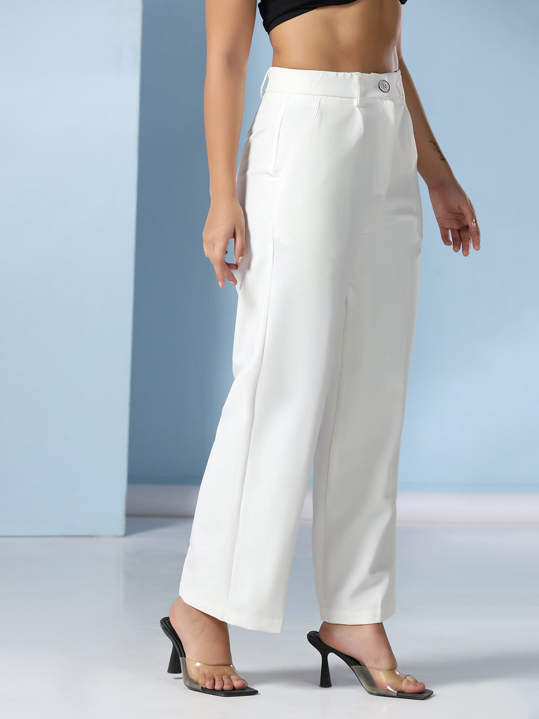 Women white wide leg pleated trousers