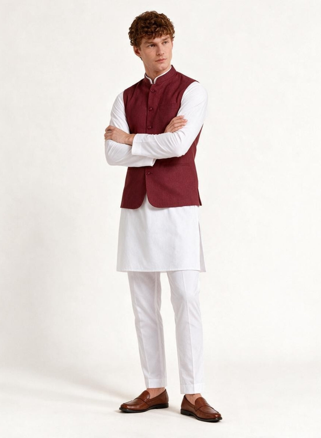 Men Kurta Set With Maroon Jacket