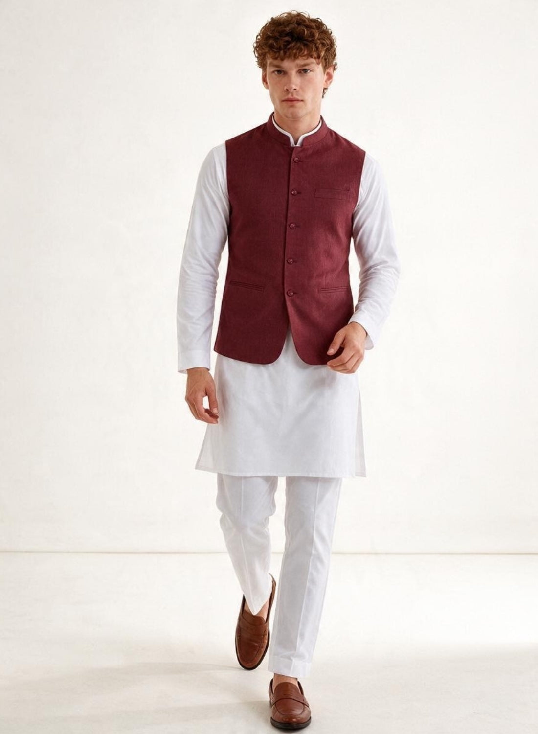 Men Kurta Set With Maroon Jacket