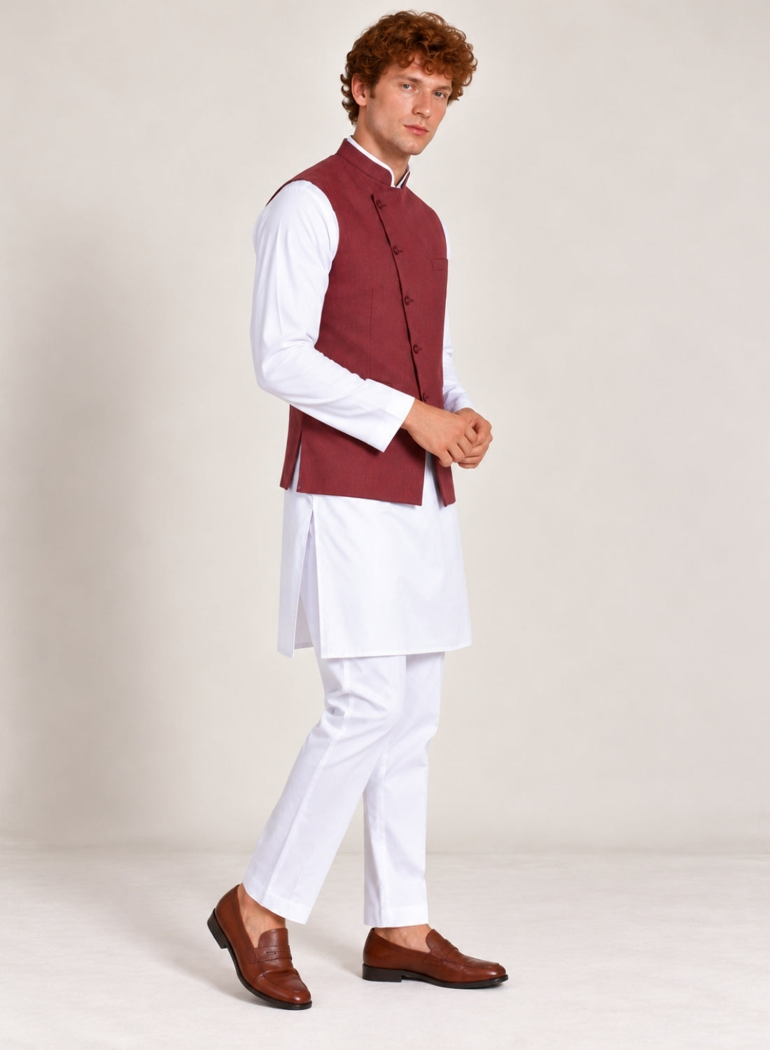 Men white Kurta Set With Angrakha Jacket