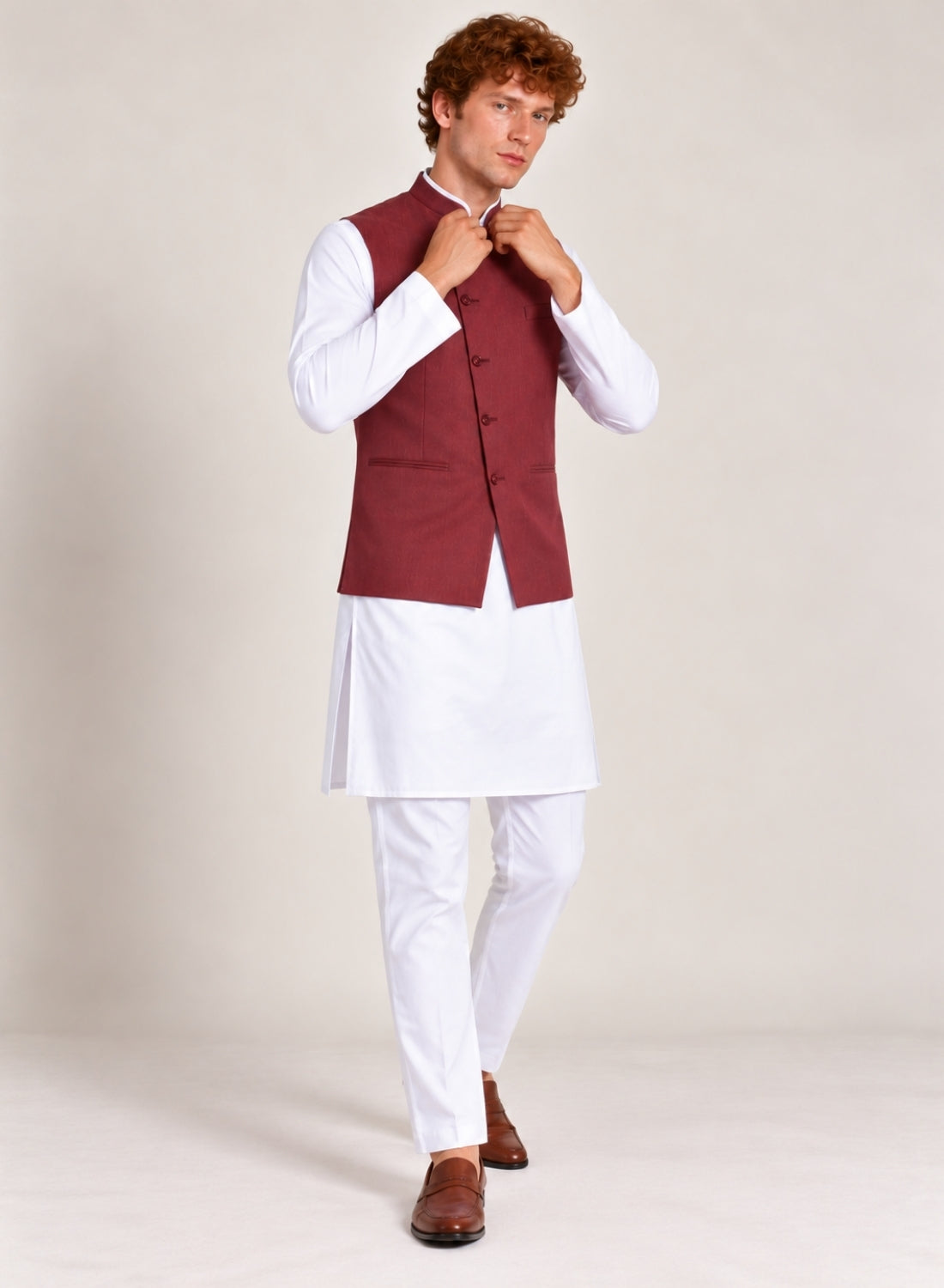 Men white Kurta Set With Angrakha Jacket