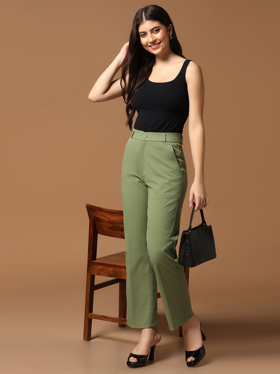 Women Dark Green Straight Fit Trousers - Tahvo India