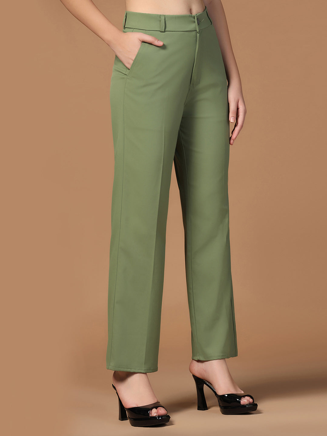 Women Dark Green Straight Fit Trousers - Tahvo India