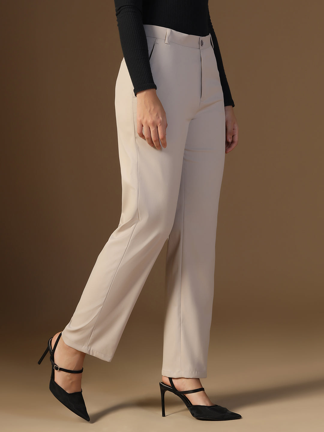 Women Beige Latte Elasticated Waistband Trouser - Tahvo India