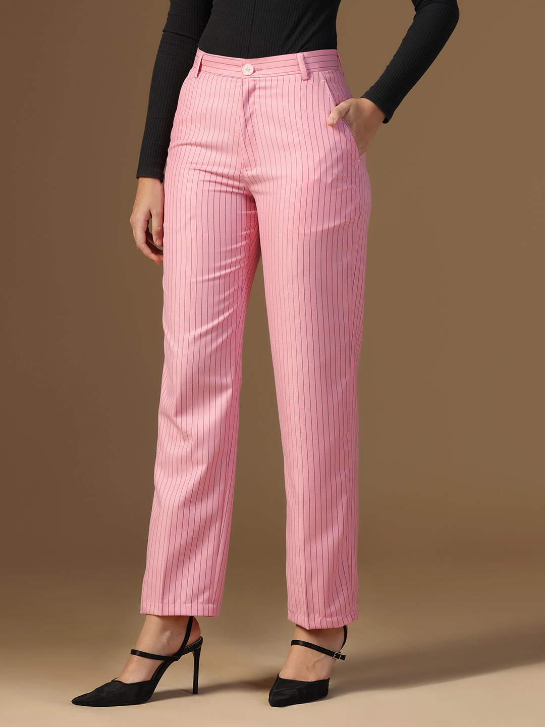 Women Pink Stripes Elasticated Waistband Trouser - Tahvo India