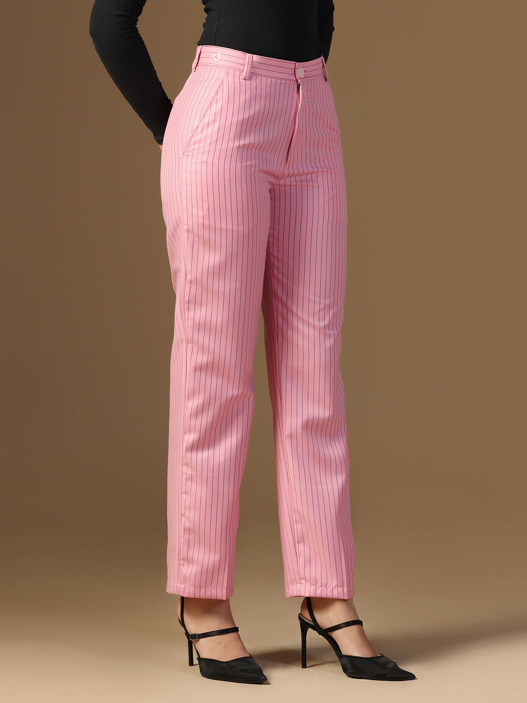 Women Pink Stripes Elasticated Waistband Trouser - Tahvo India