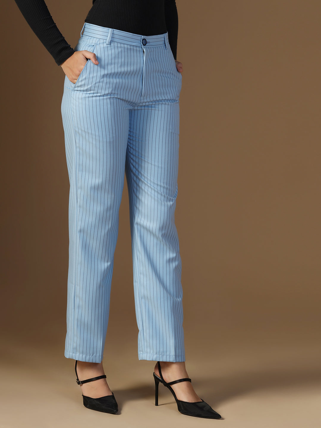 Women Blue Stripes Elasticated Waistband Trouser - Tahvo India
