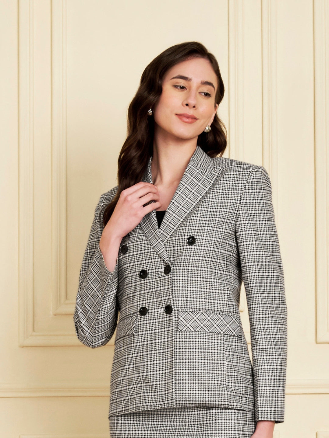 Checked Notched Lapel Double-Breasted Blazers