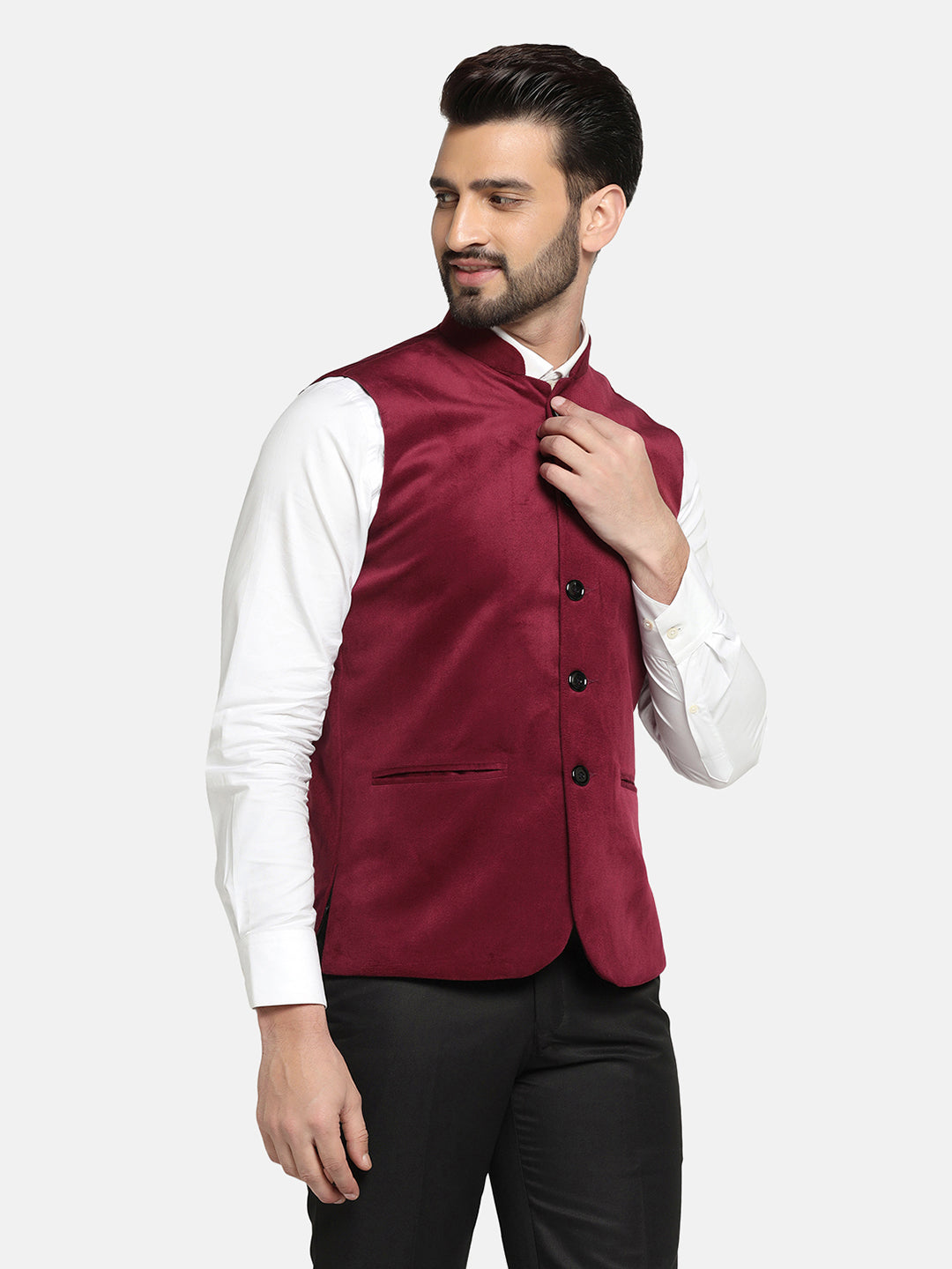 Men Maroon Velvet Nehru Jacket