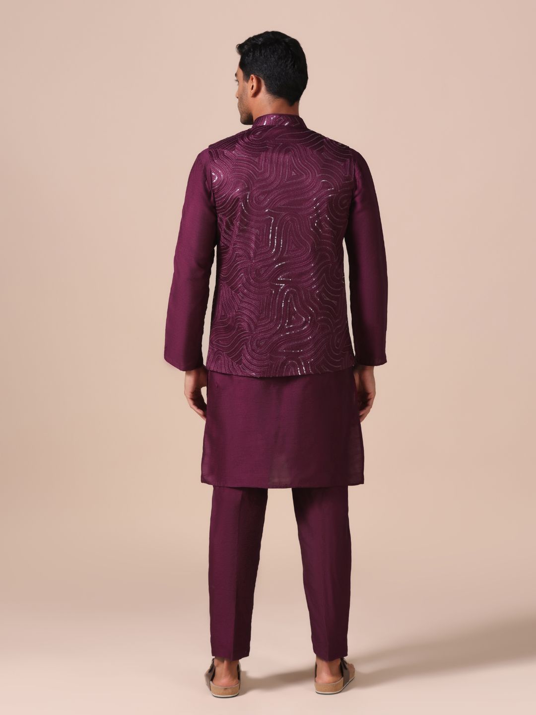 Heritage Wine Kurta Set with Textured Nehru Jacket