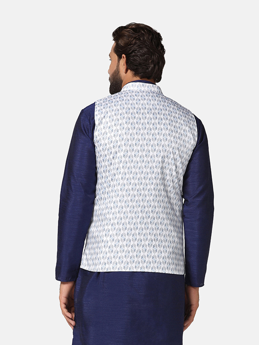 Men White Printed Nehru Jacket