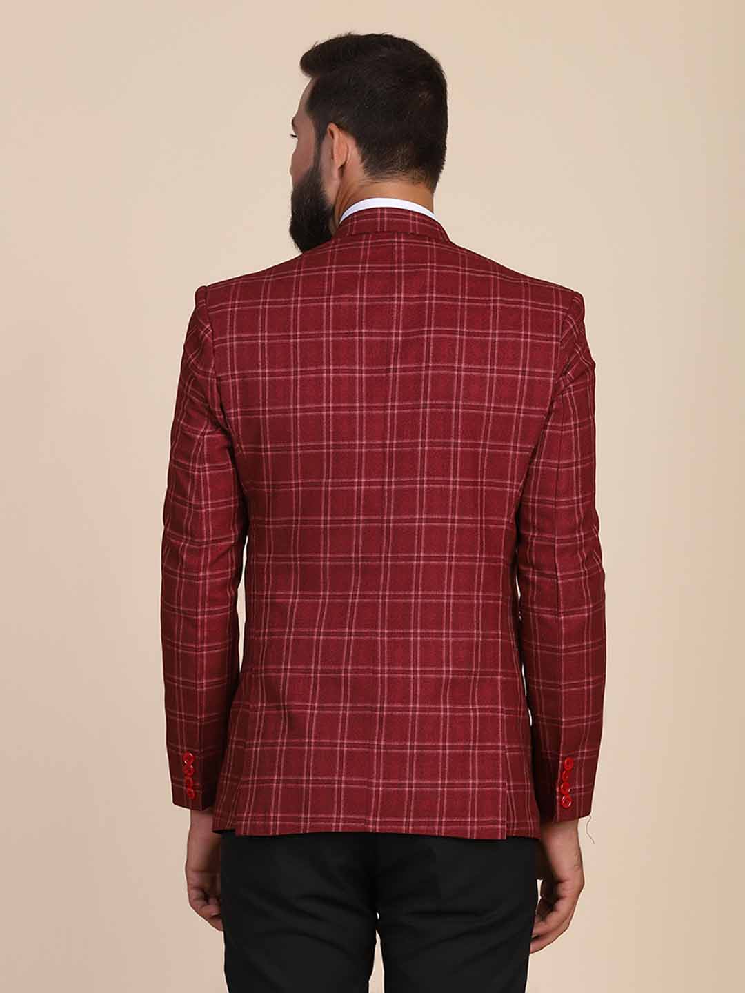 Men Tweed Maroon Check Blazer - Tahvo India
