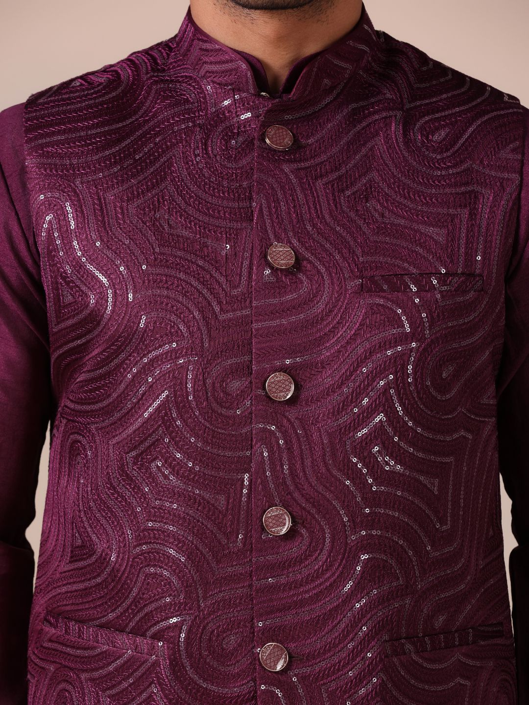 Maroon Wave Pattern Nehru Jacket