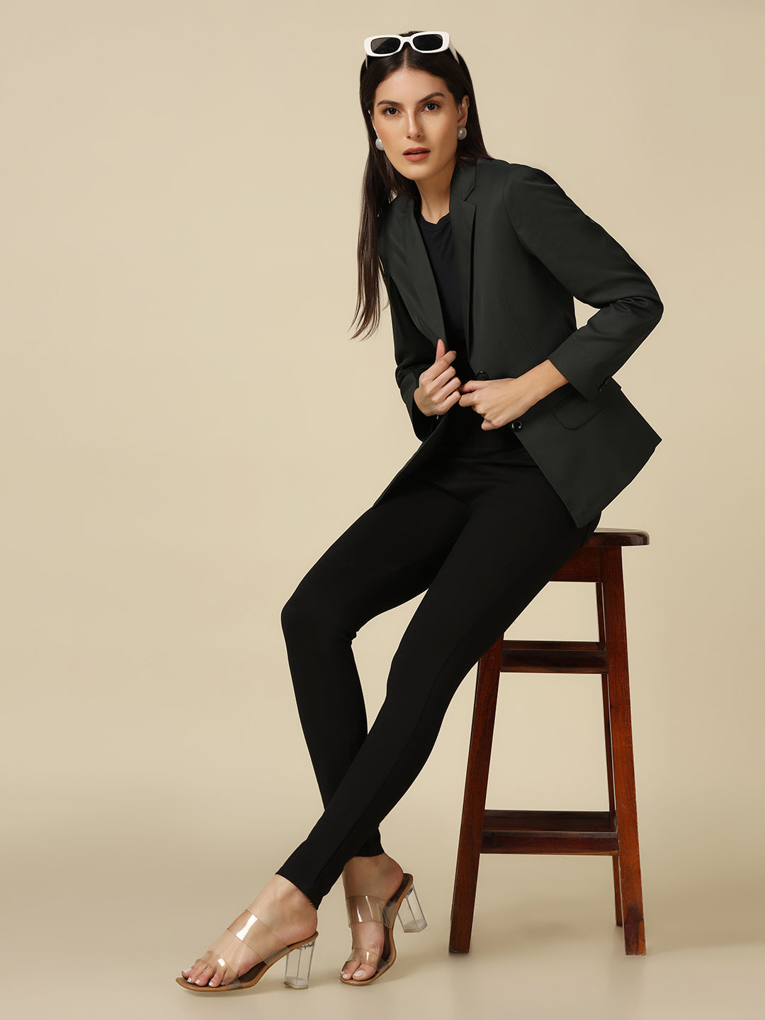 Women Dark Green Single Breasted Blazer