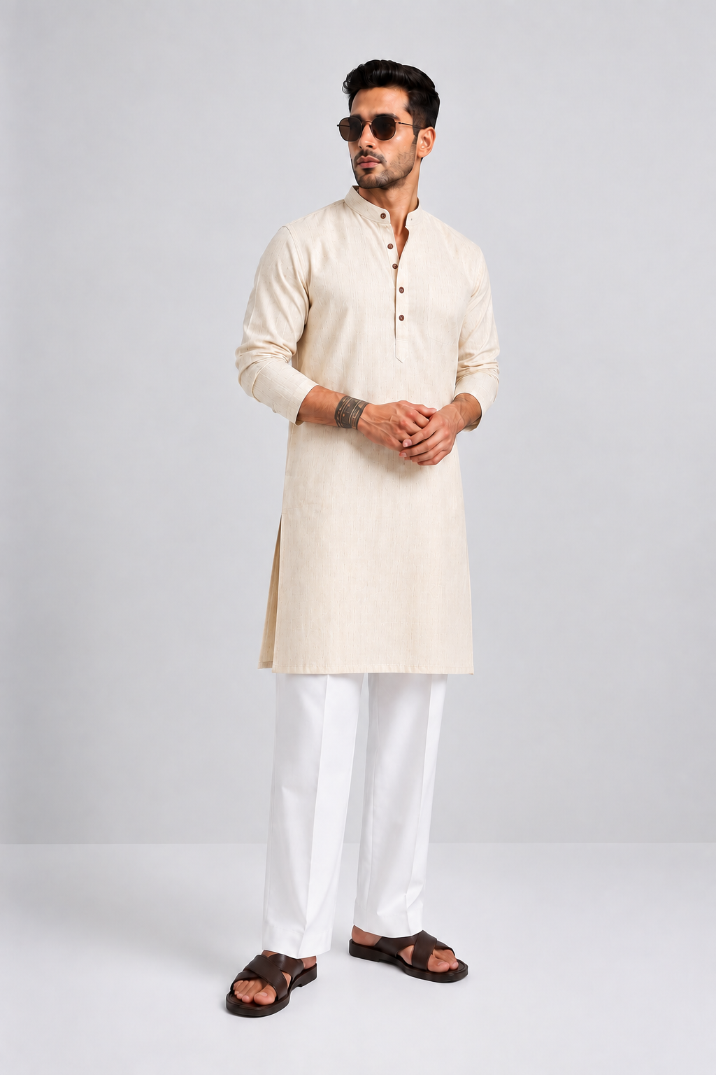 Men Beige Solid Kurta
