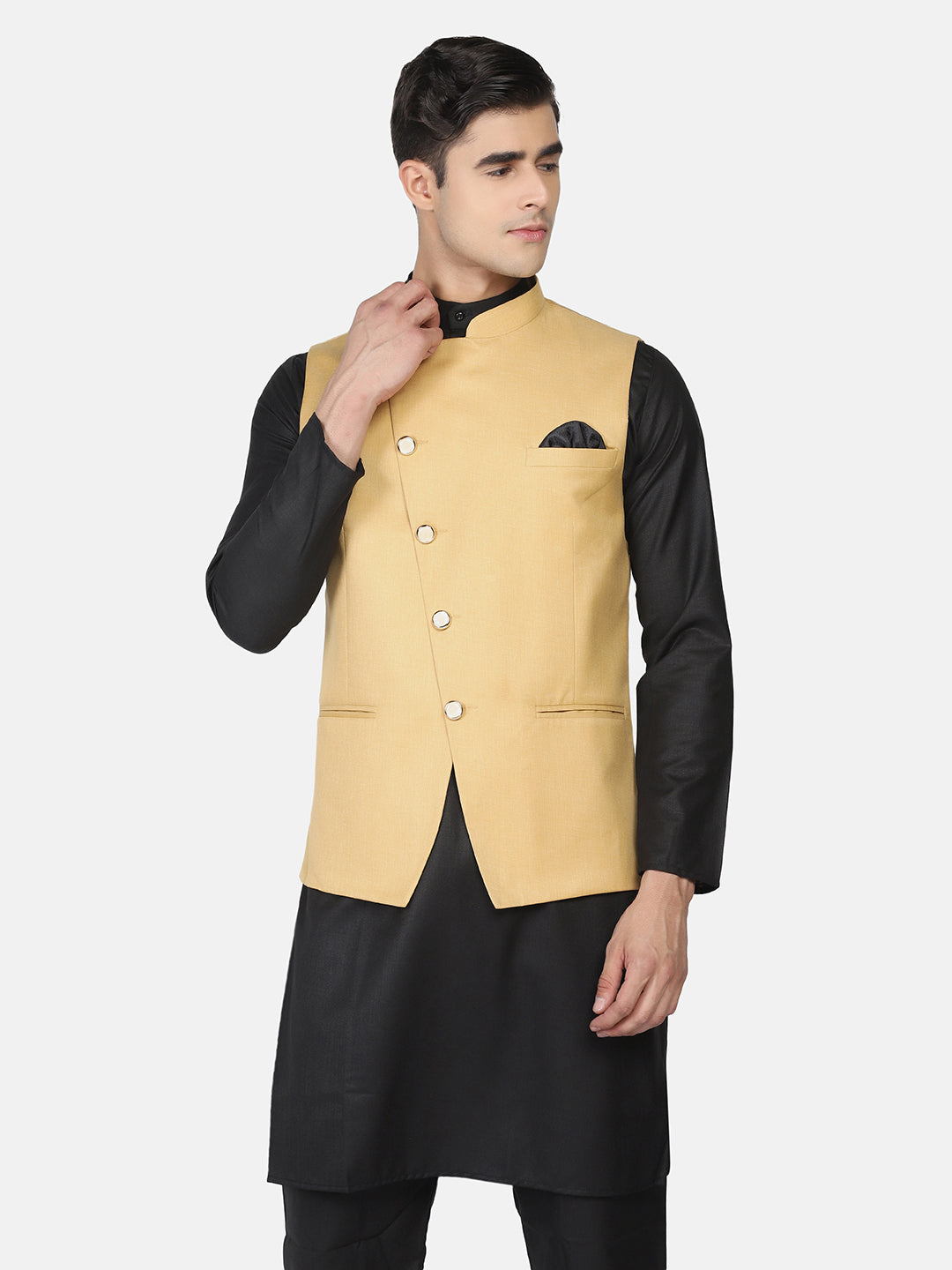 Men Golden Solid Nehru Jacket - Tahvo India