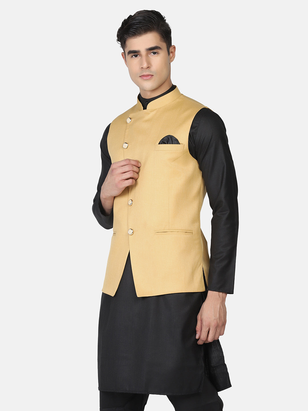 Men Golden Solid Nehru Jacket - Tahvo India