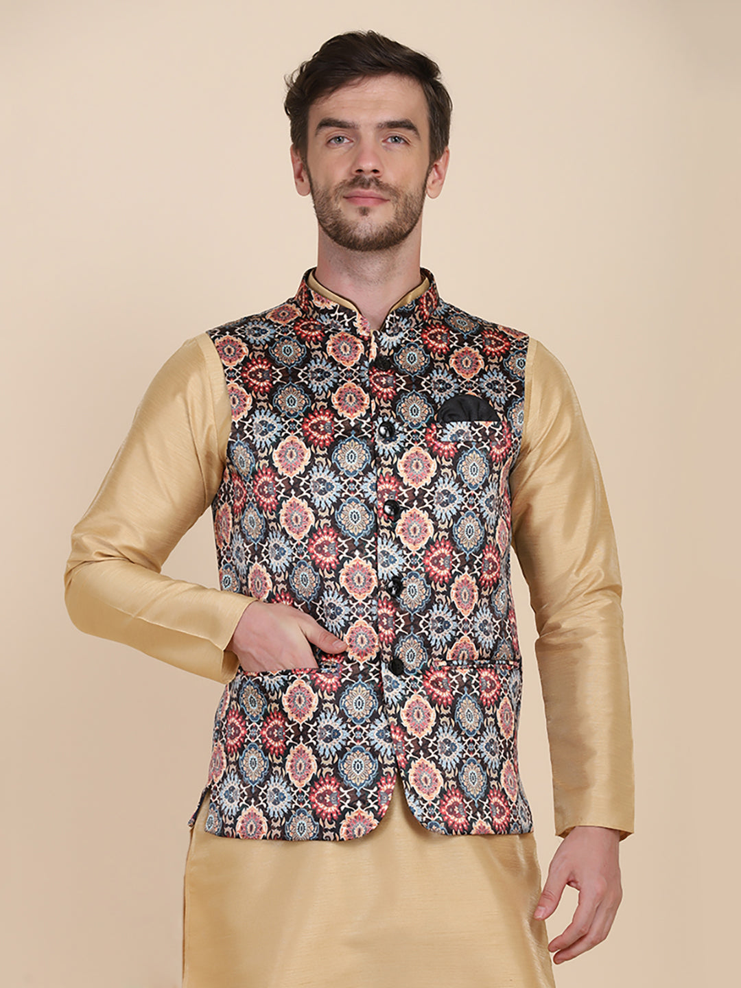 Men Brown Printed Nehru Jacket - Tahvo India