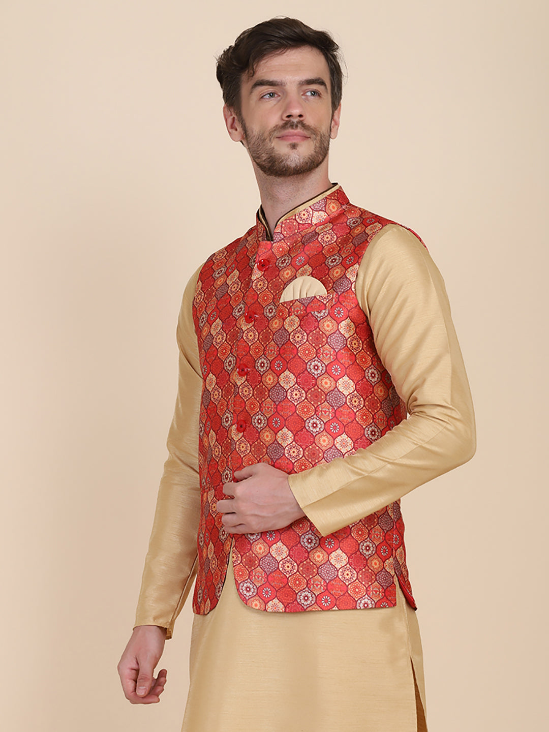 Men Red Geometric Nehru Jacket - Tahvo India
