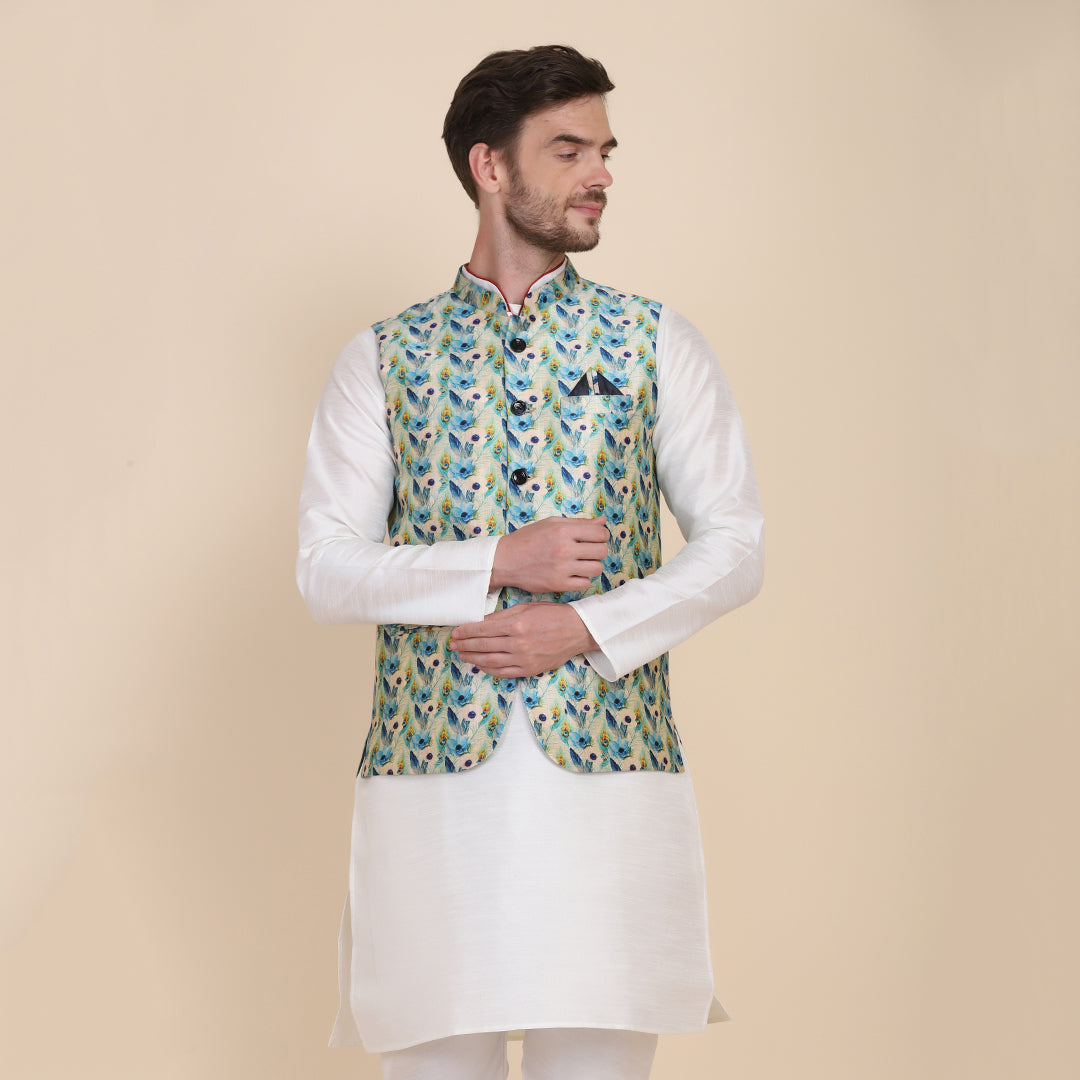 Men Blue Silk Blend Nehru Jacket