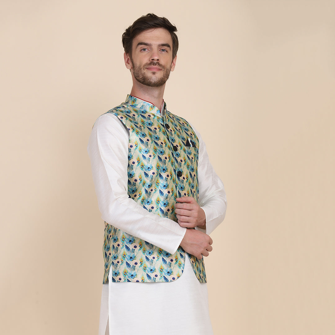 Men Blue Silk Blend Nehru Jacket