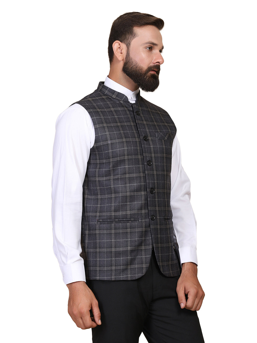 Men Grey Checks Nehru Jacket - Tahvo India
